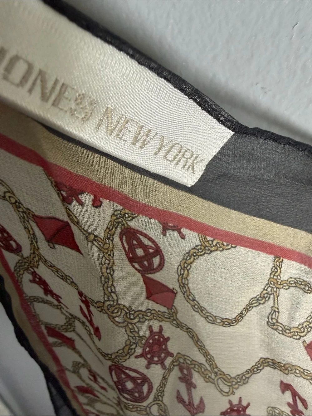 Jones New York Cream and Gray Patterned Silk Scarf